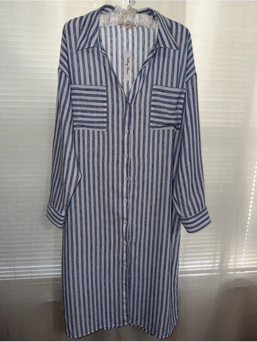 Falling Flower L Blue and White Striped Button-Up Tab Long Sleeve Shirt Dress - Picture 3 of 14